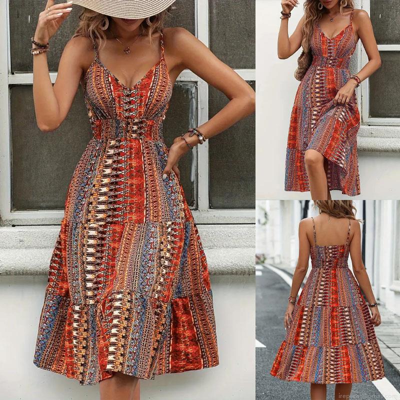 Women's Bohemian Floral Print V-Neck Sling Dress Sexy Backless Sleeveless Tiered Midi Dress For Summer Vacation High Waist Polyester Spandex Dress Women's Bohemian Floral Print V-Neck Sling Dress Sexy Backless Sleeveless Tiered Midi Dress For Summer Vacation High Waist Polyester Spandex Dress