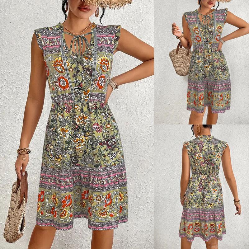 Women Bohemian Floral Printed Midi Dress V Neck Tie Flutter Sleeve High Waist Elastic A-Line Ruffle Hem Casual Vacation Party Elegant Milk Silk Sundress Women Bohemian Floral Printed Midi Dress V Neck Tie Flutter Sleeve High Waist Elastic A-Line Ruffle Hem Casual Vacation Party Elegant Milk Silk Sundress