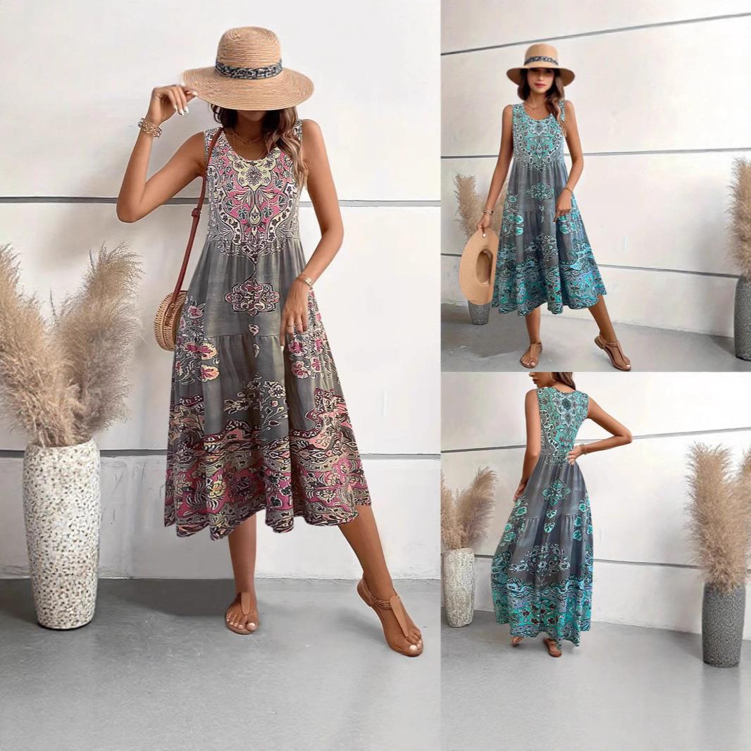Women Bohemian Floral Print Sleeveless V-Neck Midi Dress Polyester Spandex High Waist A-Line Ethnic Vacation Beach Sundress Plus Size Women Bohemian Floral Print Sleeveless V-Neck Midi Dress Polyester Spandex High Waist A-Line Ethnic Vacation Beach Sundress Plus Size