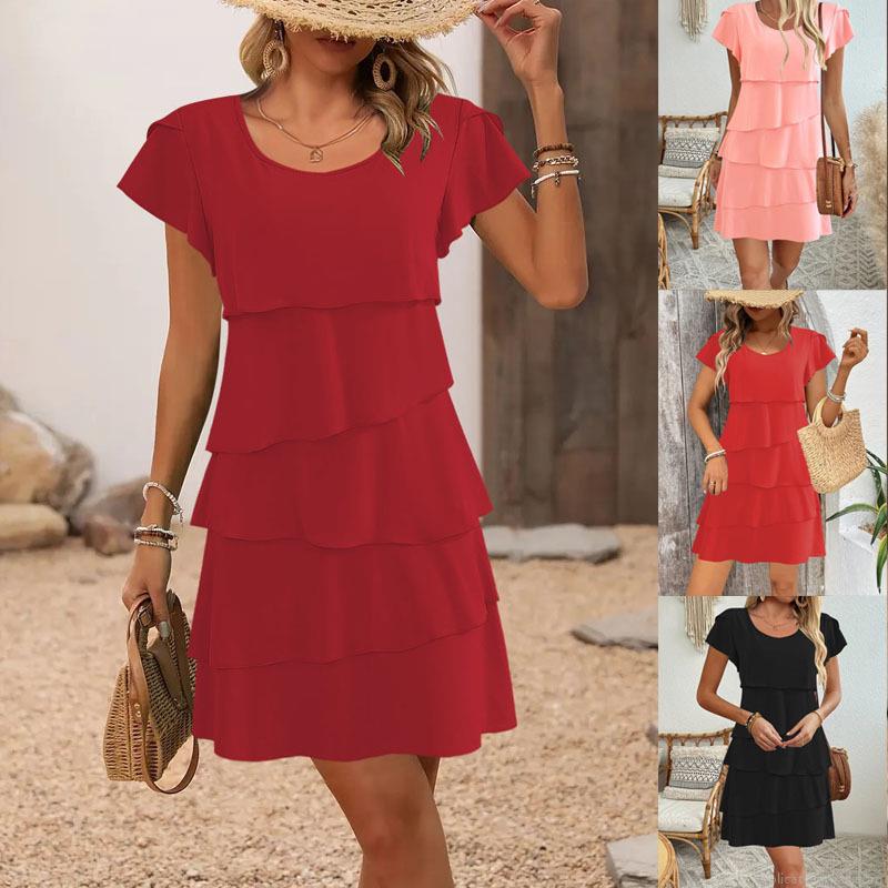 Summer Plus Size Tiered Cake Dress Butterfly Sleeve Round Neck Solid Color Layered Ruffle Midi Dress for Women Elegant Vacation Beach Party Apparel Summer Plus Size Tiered Cake Dress Butterfly Sleeve Round Neck Solid Color Layered Ruffle Midi Dress for Women Elegant Vacation Beach Party Apparel