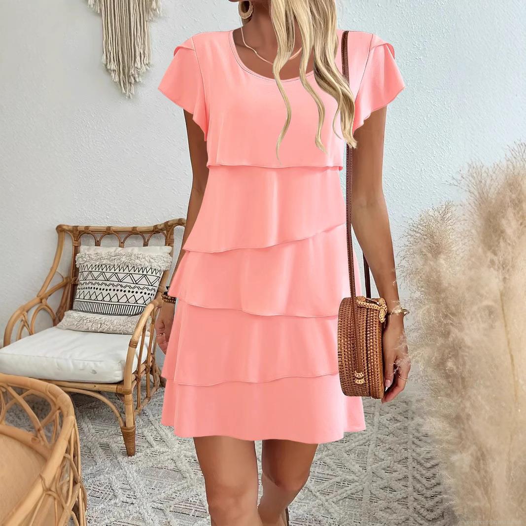 Summer Plus Size Tiered Cake Dress Butterfly Sleeve Round Neck Solid Color Layered Ruffle Midi Dress for Women Elegant Vacation Beach Party Apparel