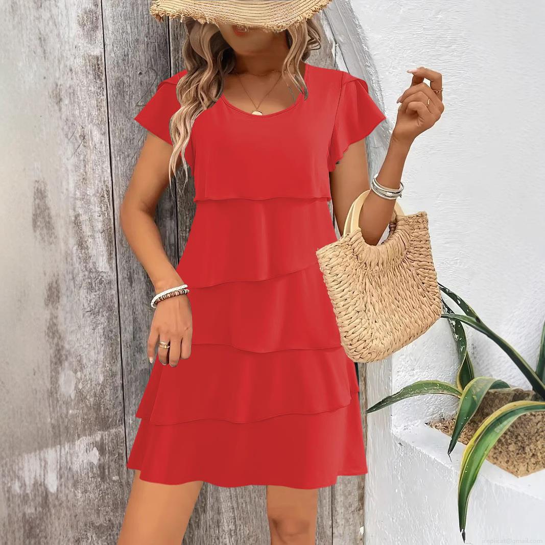 Summer Plus Size Tiered Cake Dress Butterfly Sleeve Round Neck Solid Color Layered Ruffle Midi Dress for Women Elegant Vacation Beach Party Apparel