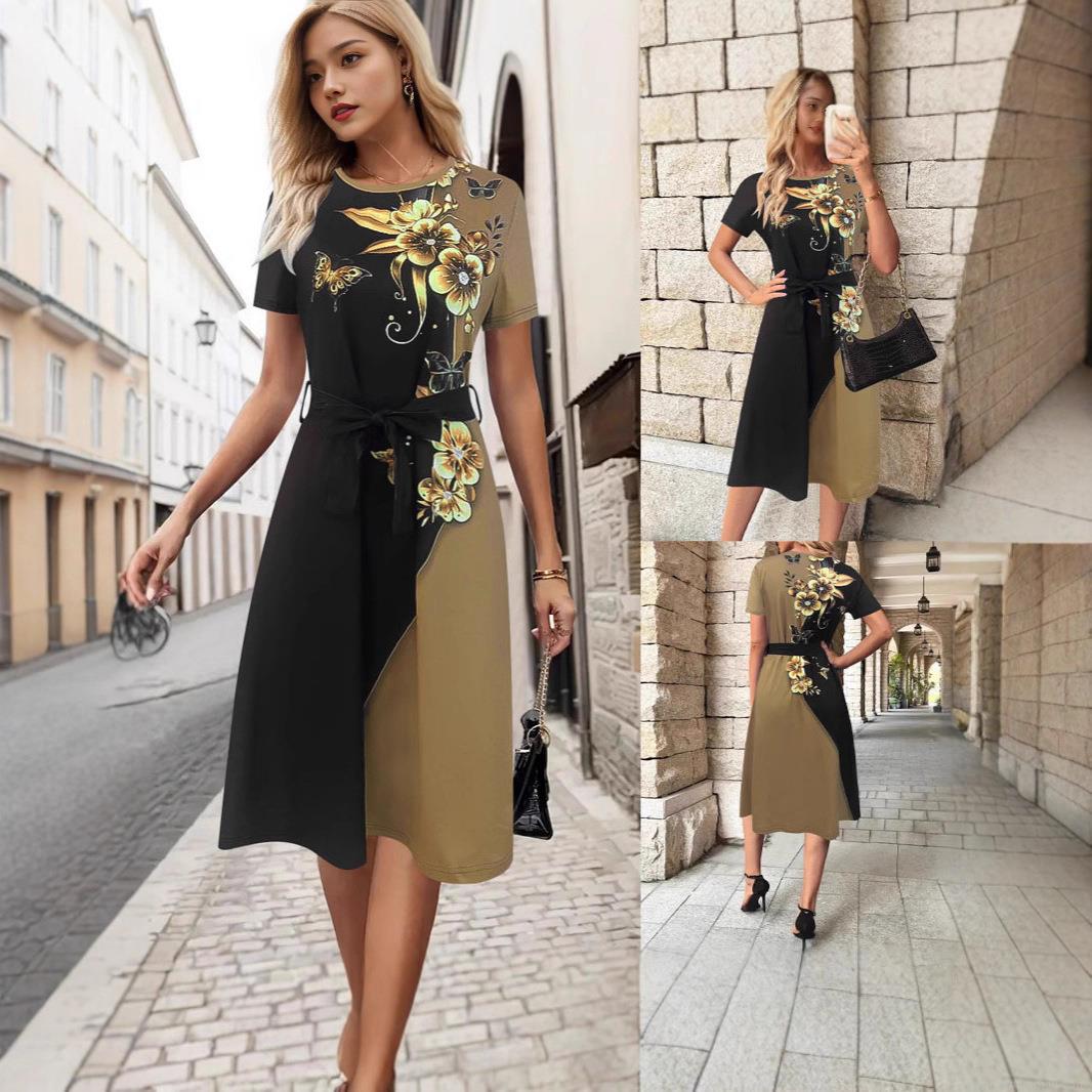 Women Floral Butterfly Print Color Block Midi Dress Round Neck Short Sleeve A-Line Polyester Spandex Dress With Belt Elegant Commuting Fashion Dress Women Floral Butterfly Print Color Block Midi Dress Round Neck Short Sleeve A-Line Polyester Spandex Dress With Belt Elegant Commuting Fashion Dress