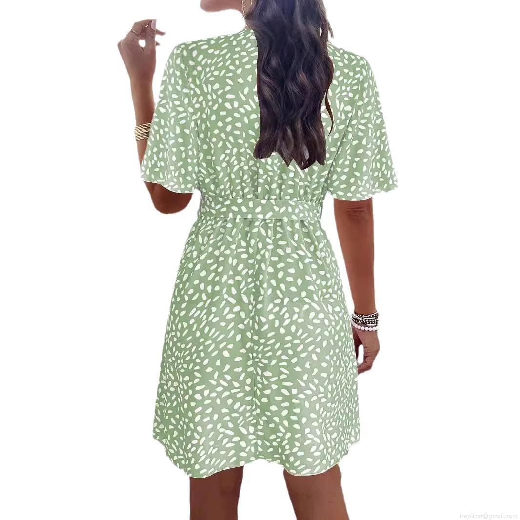 Plus Size Women V-Neck Polka Dot Print Dress Summer Casual Short Sleeve Belted A-Line Midi Dress For Vacation Resort Wear