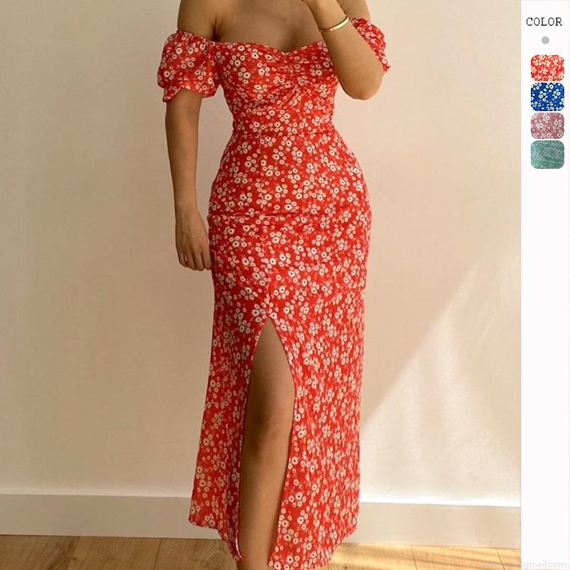 Women's Off-Shoulder Puff Sleeve Floral Bodycon Midi Dress With High Slit Elegant Summer Polyester Daisy Print Dress For Vacation Party Women's Off-Shoulder Puff Sleeve Floral Bodycon Midi Dress With High Slit Elegant Summer Polyester Daisy Print Dress For Vacation Party