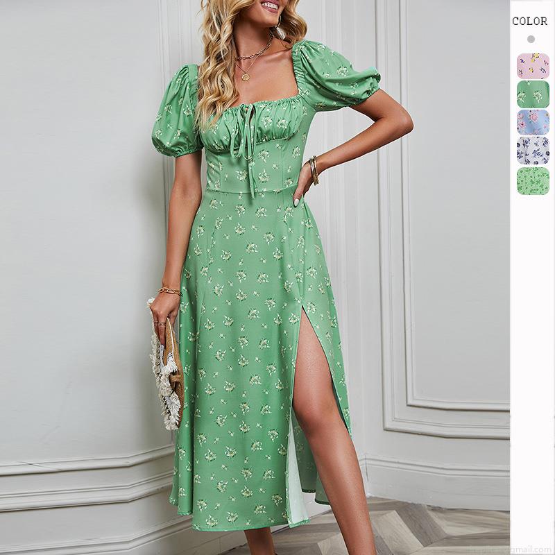 Women's French Retro Floral Puff Sleeve Midi Dress Square Neck High Slit Boho Summer Holiday Dress Elegant Slim Fit Polyester Sundress Women's French Retro Floral Puff Sleeve Midi Dress Square Neck High Slit Boho Summer Holiday Dress Elegant Slim Fit Polyester Sundress