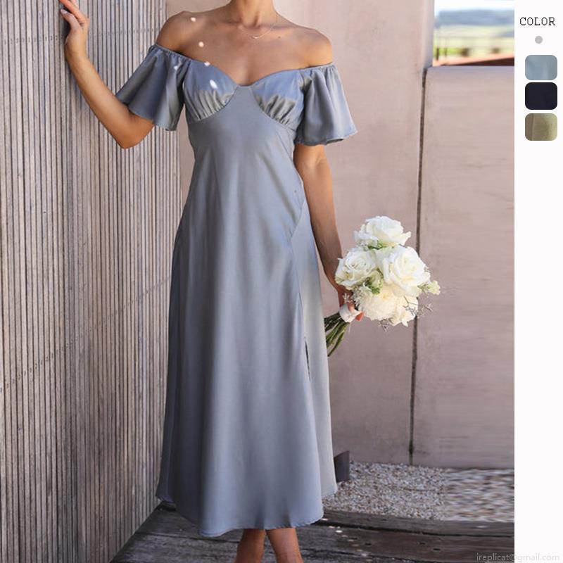 Women's Elegant V-Neck Off-Shoulder Satin Midi Dress High Slit Lotus Leaf Sleeve High Waist Solid Color Sexy Party Wedding Guest Evening Gown Women's Elegant V-Neck Off-Shoulder Satin Midi Dress High Slit Lotus Leaf Sleeve High Waist Solid Color Sexy Party Wedding Guest Evening Gown
