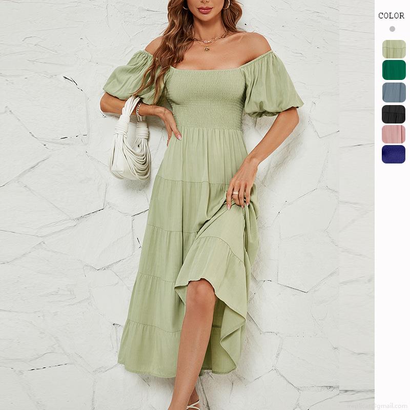 Women Smocked Tiered Maxi Dress Puff Sleeve Square Neck High Waist Solid Color Summer Vacation Beach Party Flowy Dress Women Smocked Tiered Maxi Dress Puff Sleeve Square Neck High Waist Solid Color Summer Vacation Beach Party Flowy Dress