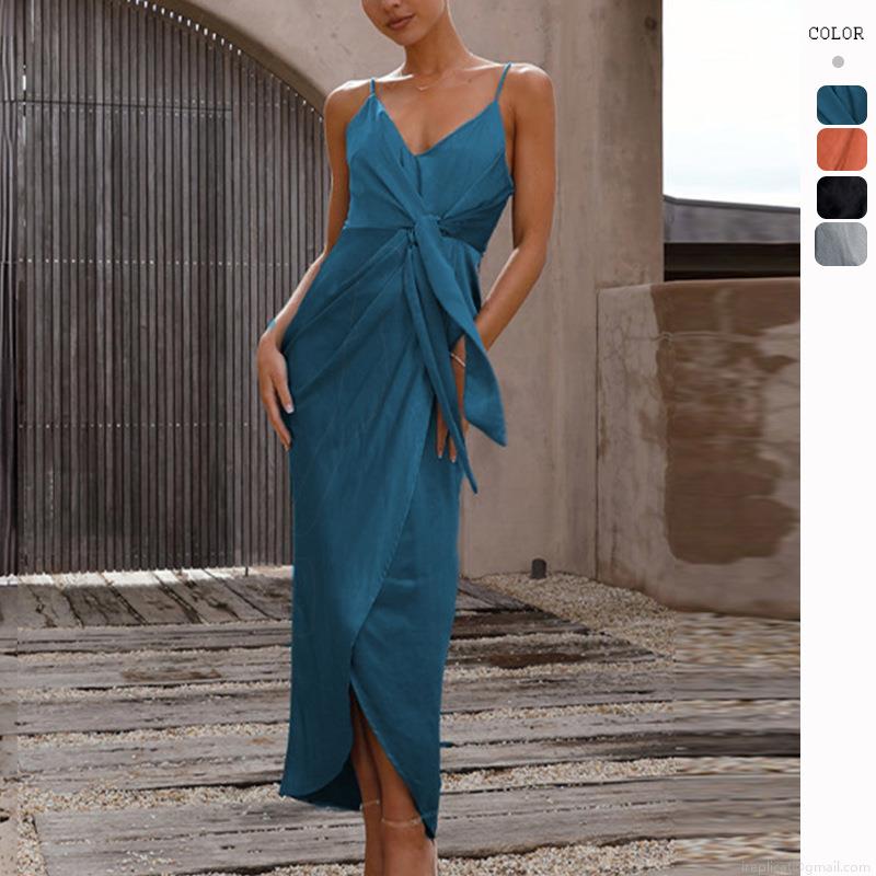 Women's Sexy Satin Cami Dress Elegant V Neck High Waist Tie Knot Front Split Evening Party Maxi Dresses French Style Bodycon Vacation Club Sundress Women's Sexy Satin Cami Dress Elegant V Neck High Waist Tie Knot Front Split Evening Party Maxi Dresses French Style Bodycon Vacation Club Sundress