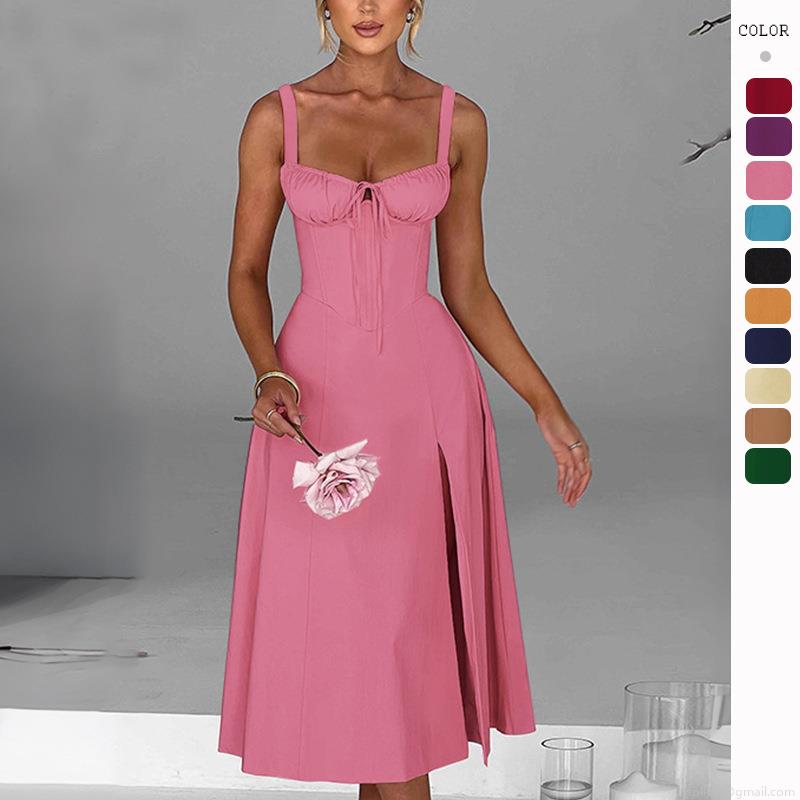 Women Spaghetti Strap Midi Dress Sexy Ruched Bust Corset Bodycon Party Dress Elegant High Slit Sleeveless Polyester Cocktail Evening Dress For Women Summer Night Out Women Spaghetti Strap Midi Dress Sexy Ruched Bust Corset Bodycon Party Dress Elegant High Slit Sleeveless Polyester Cocktail Evening Dress For Women Summer Night Out