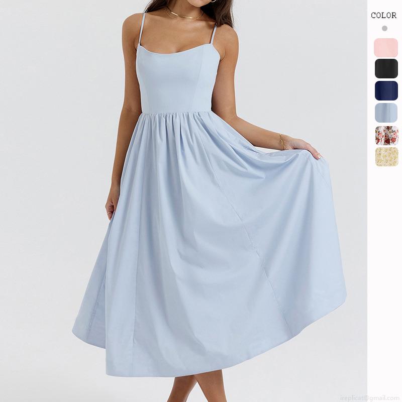 Women's Sexy Backless Spaghetti Strap Midi Dress Summer Square Neck High Waist A-Line Large Swing Solid Color Floral Print Sun Dress with Pockets Women's Sexy Backless Spaghetti Strap Midi Dress Summer Square Neck High Waist A-Line Large Swing Solid Color Floral Print Sun Dress with Pockets