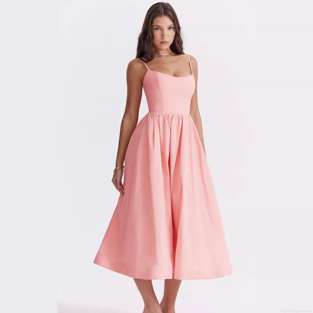 Women\'s Sexy Backless Spaghetti Strap Midi Dress Summer Square Neck High Waist A-Line Large Swing Solid Color Floral Print Sun Dress with Pockets