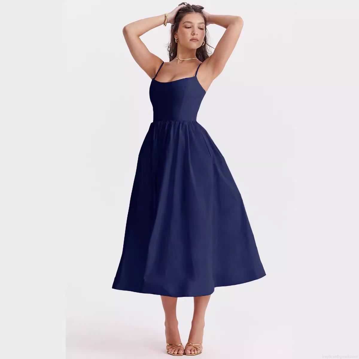 Women\'s Sexy Backless Spaghetti Strap Midi Dress Summer Square Neck High Waist A-Line Large Swing Solid Color Floral Print Sun Dress with Pockets