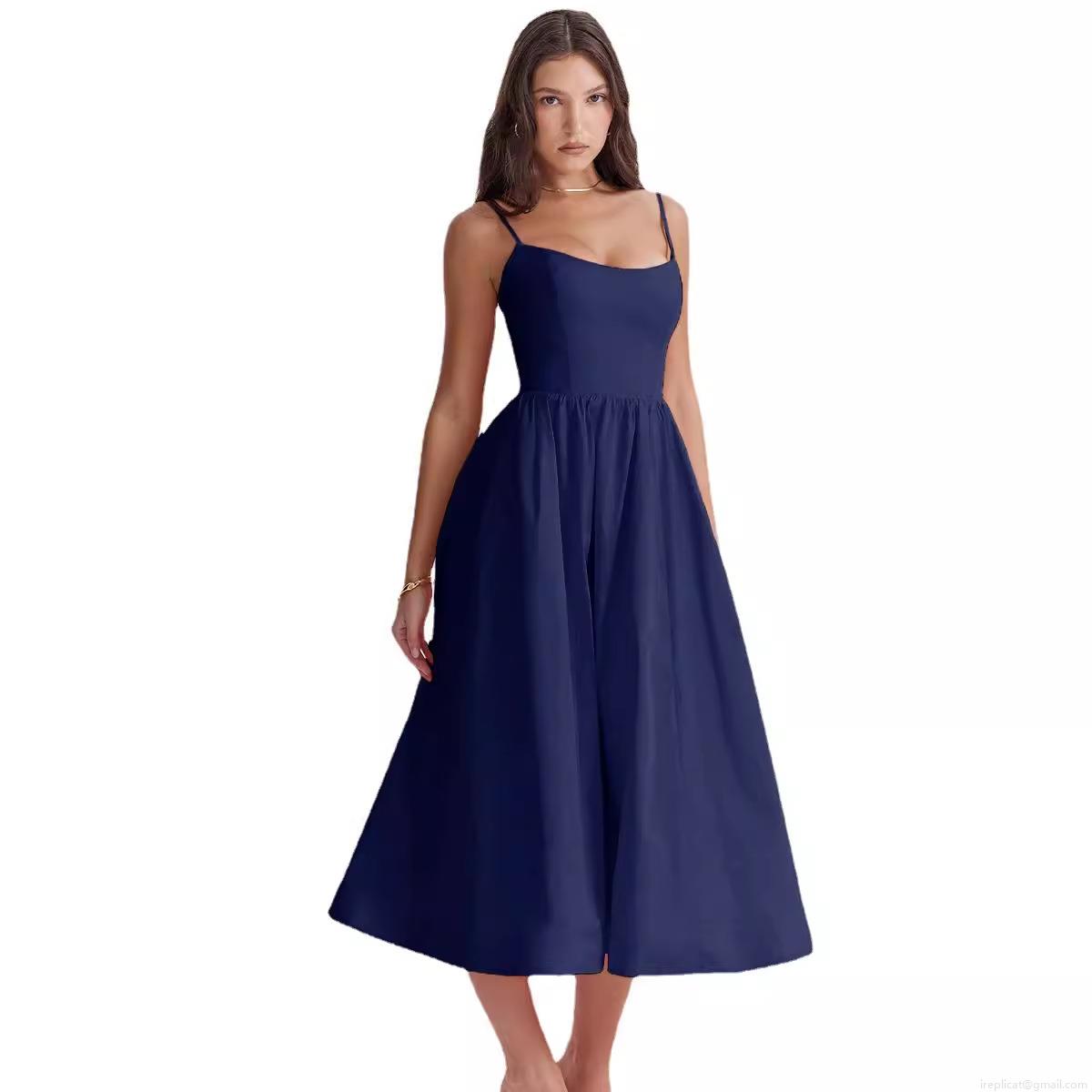 Women\'s Sexy Backless Spaghetti Strap Midi Dress Summer Square Neck High Waist A-Line Large Swing Solid Color Floral Print Sun Dress with Pockets