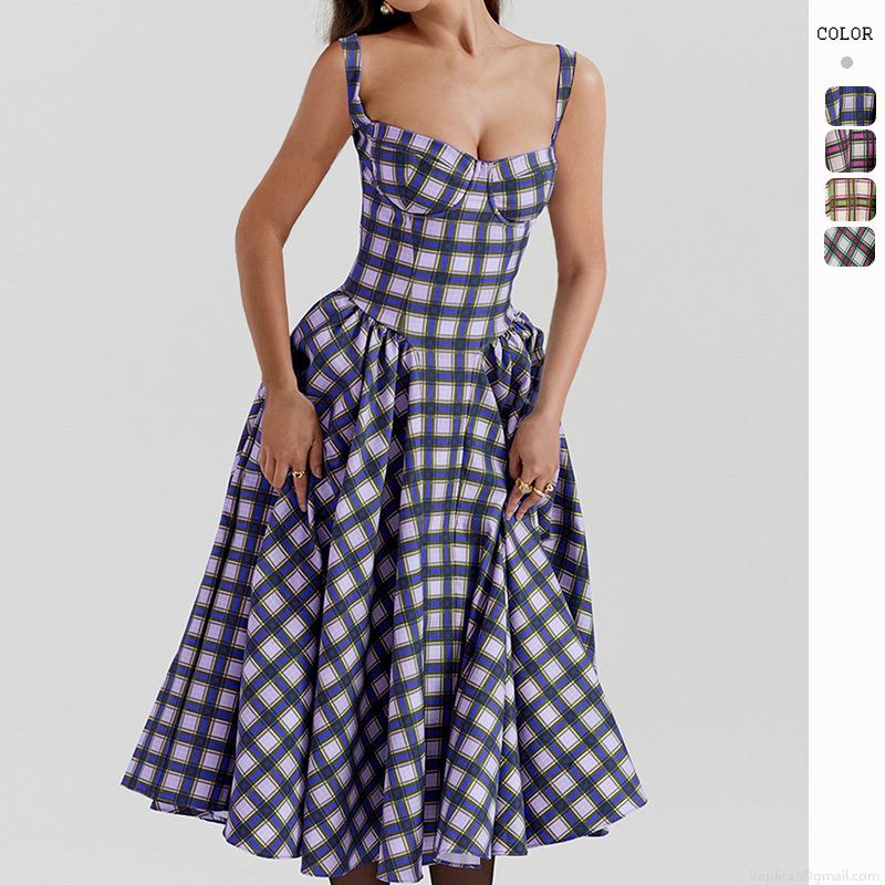 Women's French Vintage Plaid Sleeveless Midi Dress Polyester Backless High Waist Large Swing A-Line Sundress for Summer Vacation Party Women's French Vintage Plaid Sleeveless Midi Dress Polyester Backless High Waist Large Swing A-Line Sundress for Summer Vacation Party
