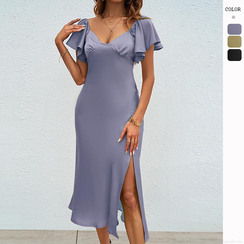 Women's Satin V-Neck Dress Sexy High Slit Midi A-Line Flutter Sleeve Summer Casual Solid Color Backless Party Gown for Ladies Elegant Evening Wear Women's Satin V-Neck Dress Sexy High Slit Midi A-Line Flutter Sleeve Summer Casual Solid Color Backless Party Gown for Ladies Elegant Evening Wear