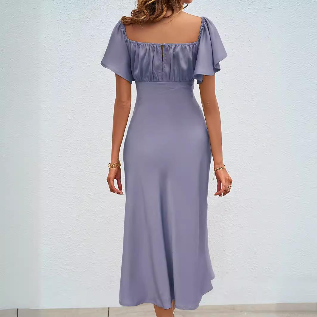 Women\'s Satin V-Neck Dress Sexy High Slit Midi A-Line Flutter Sleeve Summer Casual Solid Color Backless Party Gown for Ladies Elegant Evening Wear