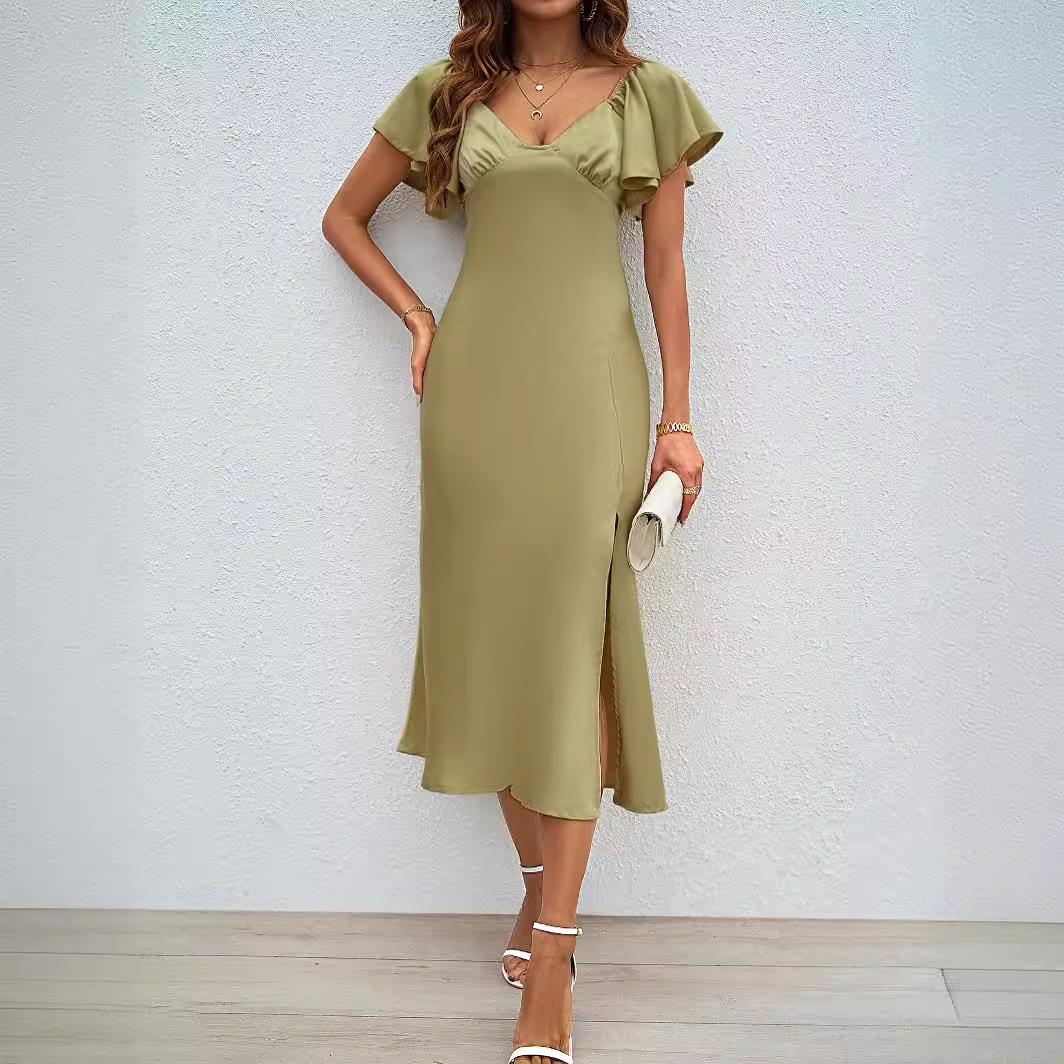 Women\'s Satin V-Neck Dress Sexy High Slit Midi A-Line Flutter Sleeve Summer Casual Solid Color Backless Party Gown for Ladies Elegant Evening Wear