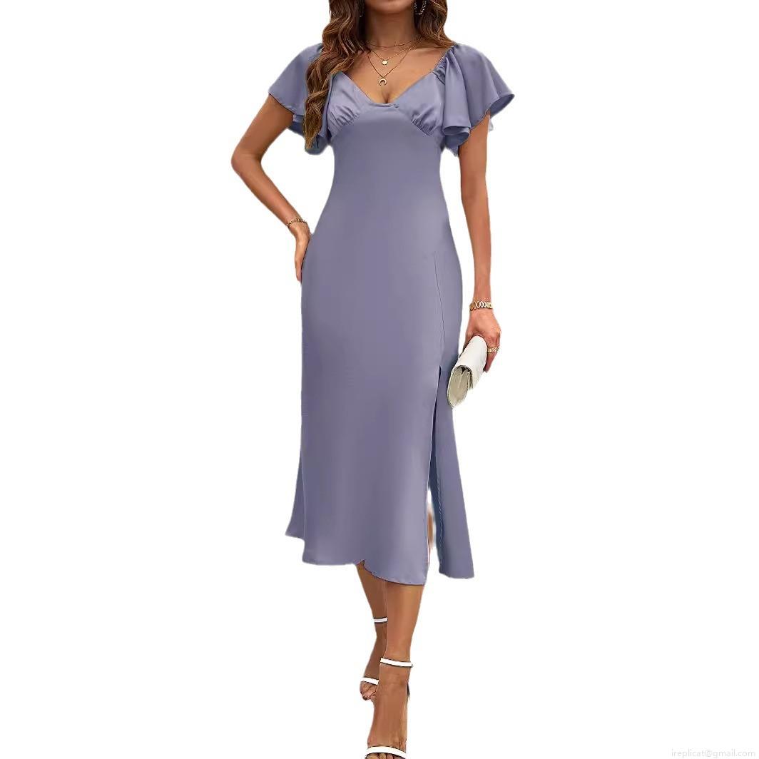 Women\'s Satin V-Neck Dress Sexy High Slit Midi A-Line Flutter Sleeve Summer Casual Solid Color Backless Party Gown for Ladies Elegant Evening Wear