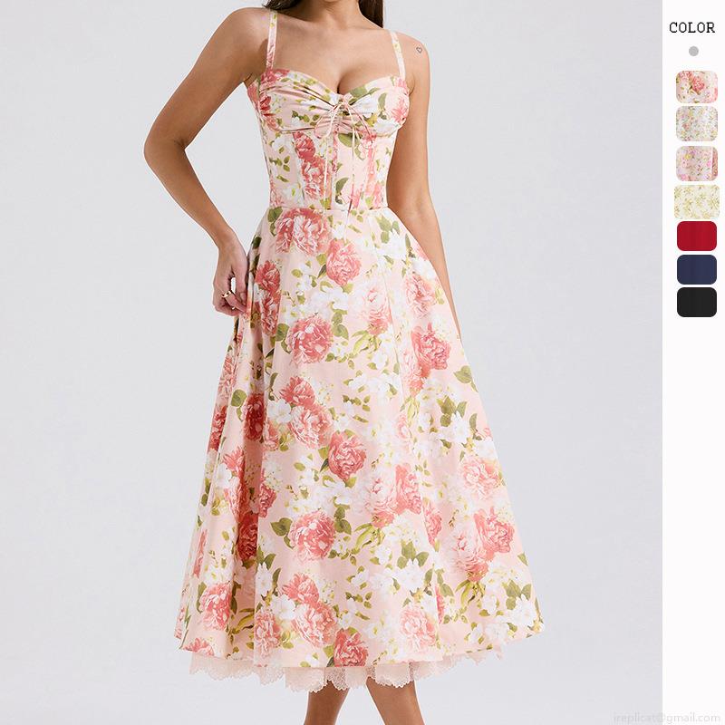 French Style Floral Slip Dress Lace Trim Bustier Corset Slim Fit Midi A-Line Dress For Summer Vacation Party Women Polyester Blend French Style Floral Slip Dress Lace Trim Bustier Corset Slim Fit Midi A-Line Dress For Summer Vacation Party Women Polyester Blend