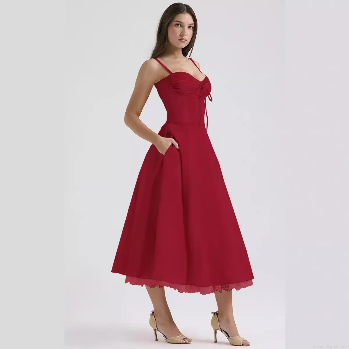 French Style Floral Slip Dress Lace Trim Bustier Corset Slim Fit Midi A-Line Dress For Summer Vacation Party Women Polyester Blend