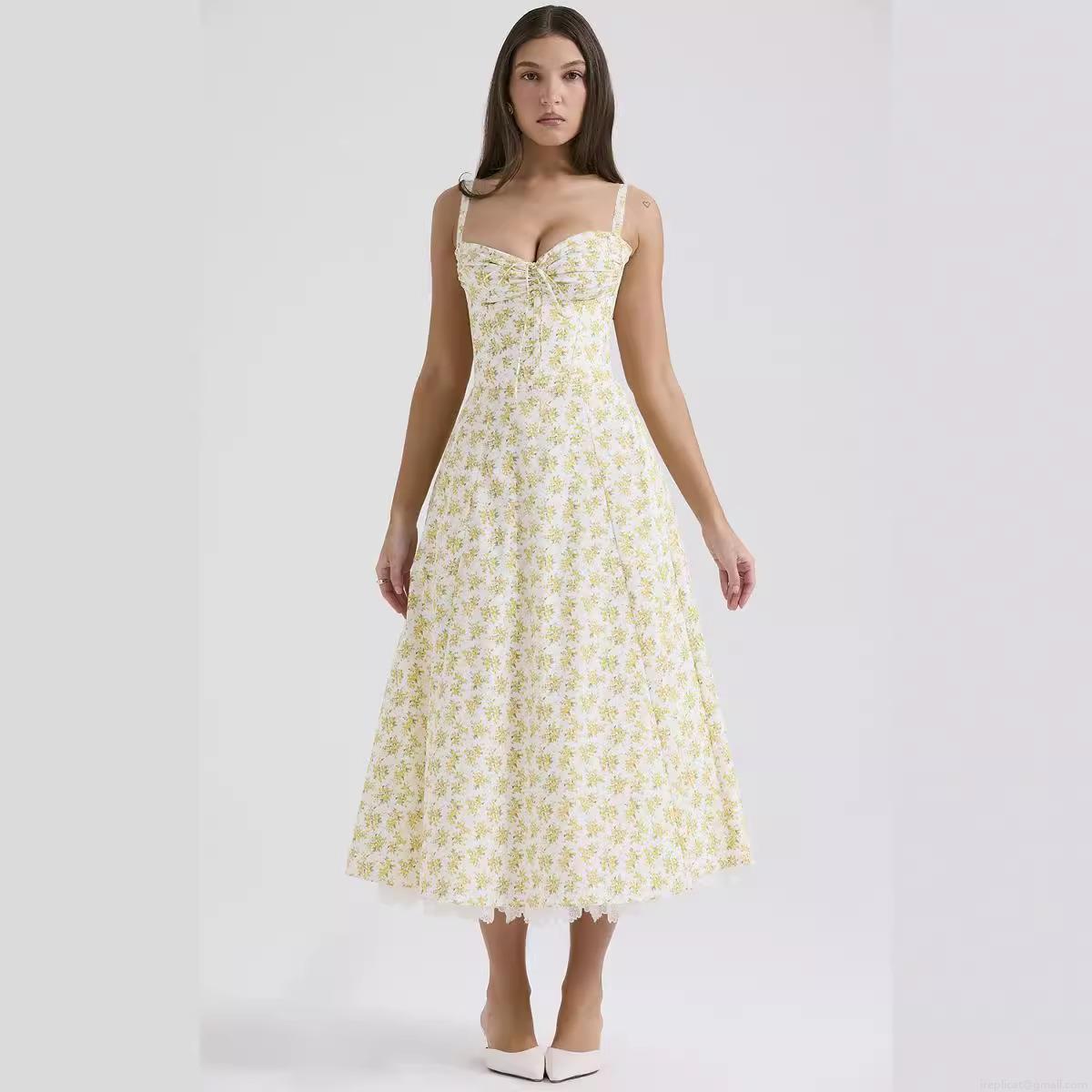 French Style Floral Slip Dress Lace Trim Bustier Corset Slim Fit Midi A-Line Dress For Summer Vacation Party Women Polyester Blend