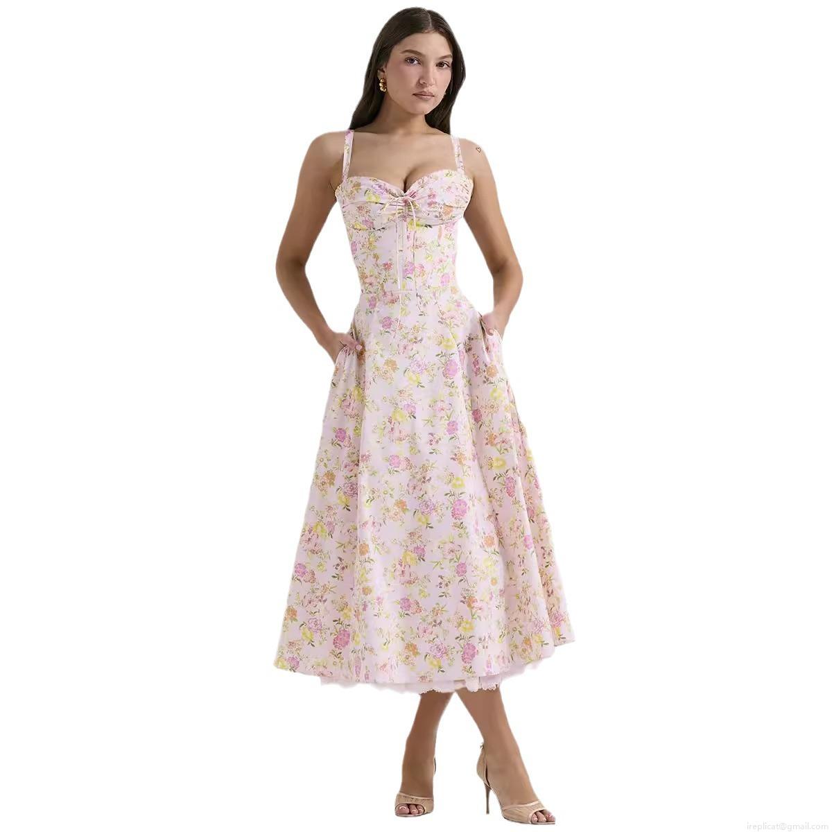 French Style Floral Slip Dress Lace Trim Bustier Corset Slim Fit Midi A-Line Dress For Summer Vacation Party Women Polyester Blend