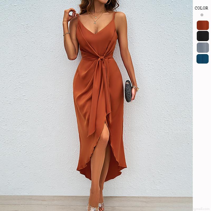 Women's Sexy Satin V Neck Cami Dress Elegant Backless Tie Waist Asymmetrical High Low Hem Solid Color Summer Party Evening Maxi Slip Dress Women's Sexy Satin V Neck Cami Dress Elegant Backless Tie Waist Asymmetrical High Low Hem Solid Color Summer Party Evening Maxi Slip Dress