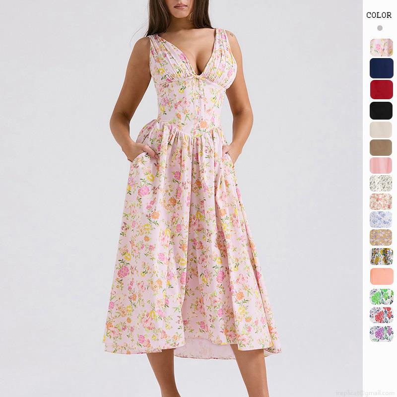 Women's Elegant Floral Print V-Neck Midi Dress Sleeveless High Waist Slim Fit A-Line Sling Summer Dress With Pockets For Vacation Party Women's Elegant Floral Print V-Neck Midi Dress Sleeveless High Waist Slim Fit A-Line Sling Summer Dress With Pockets For Vacation Party