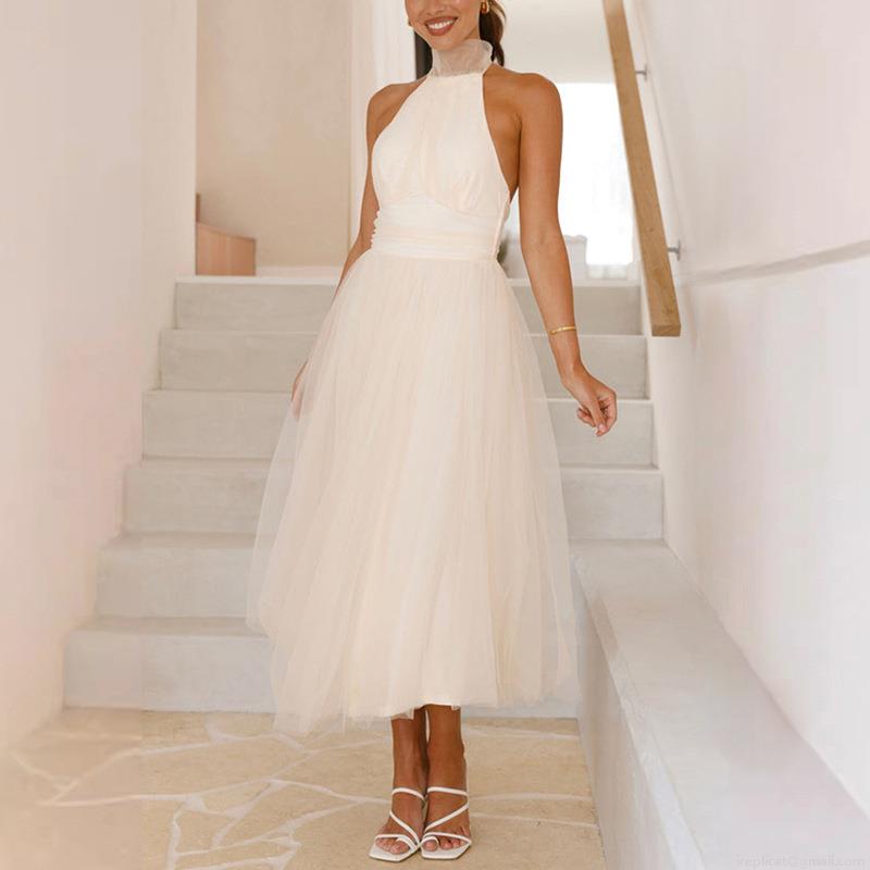 Women's Elegant Halter Backless Mesh Midi Dress Sexy A-Line Sleeveless White Celebrity Style Party Dress For Wedding Evening Formal Occasion Women's Elegant Halter Backless Mesh Midi Dress Sexy A-Line Sleeveless White Celebrity Style Party Dress For Wedding Evening Formal Occasion