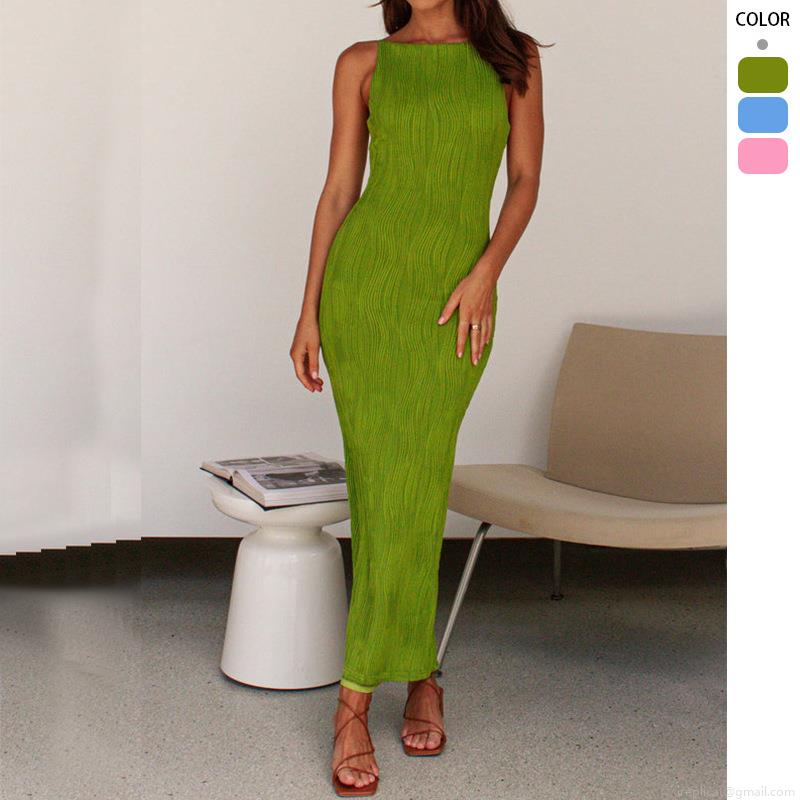 Sexy Backless Water Ripple Texture Sleeveless Bodycon Maxi Dress Women's High Waist 95% Polyester Elegant Patchwork Summer Sundress For Party Vacation Sexy Backless Water Ripple Texture Sleeveless Bodycon Maxi Dress Women's High Waist 95% Polyester Elegant Patchwork Summer Sundress For Party Vacation
