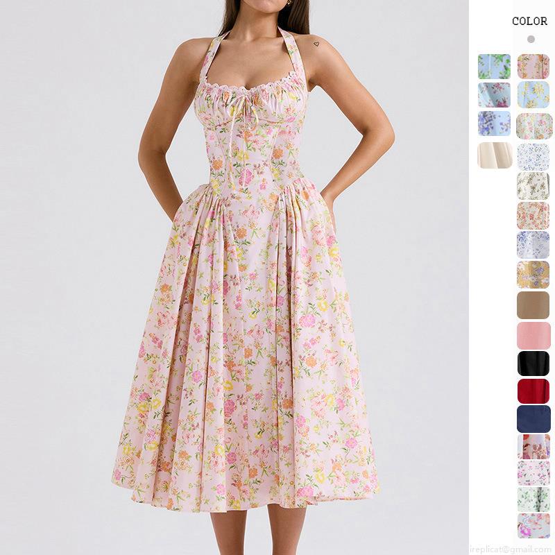 Women Elegant Halter Floral Print Midi Dress Ruched Bust Drawstring Large Swing Hem Sleeveless Polyester Long Dresses For Summer Party Vacation Boho Style Women Elegant Halter Floral Print Midi Dress Ruched Bust Drawstring Large Swing Hem Sleeveless Polyester Long Dresses For Summer Party Vacation Boho Style