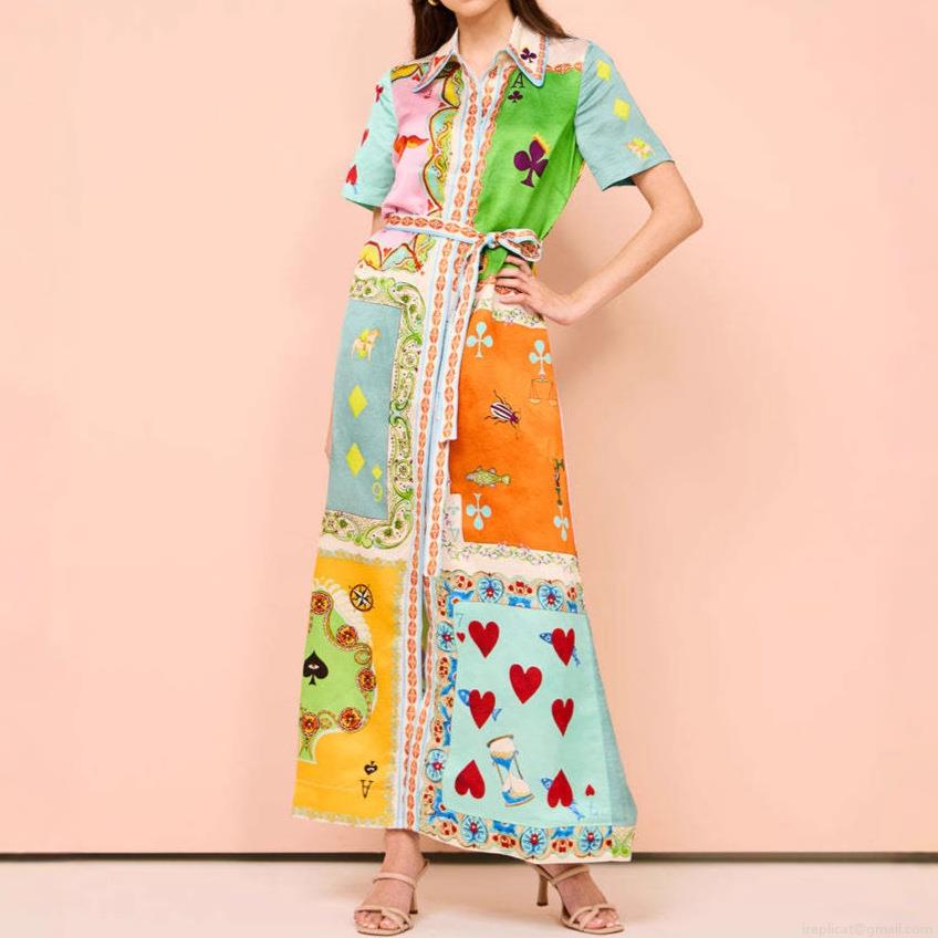 Women's Vintage Poker Print Shirt Dress Short Sleeve Lapel Button Down Midi Dress With Belt Elegant Multicolor Patchwork High Waist Sundress For Vacation Party Streetwear Women's Vintage Poker Print Shirt Dress Short Sleeve Lapel Button Down Midi Dress With Belt Elegant Multicolor Patchwork High Waist Sundress For Vacation Party Streetwear