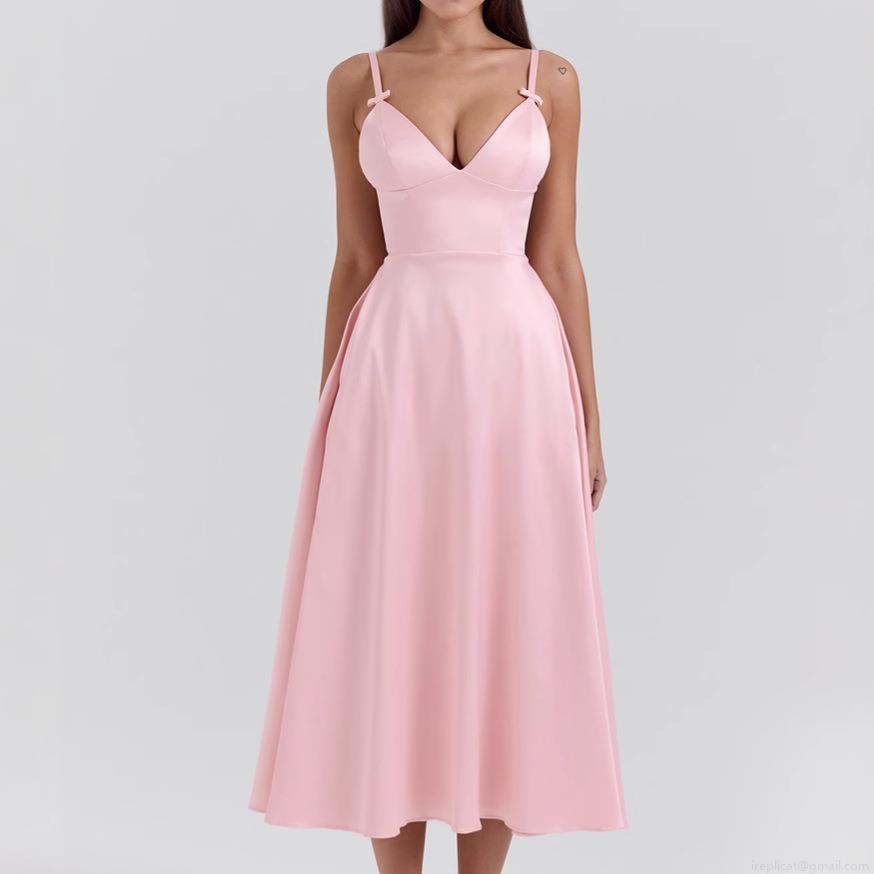 Elegant Pink Satin Suspender Midi Dress Sexy V-Neck A-Line Evening Gown With Bow Straps And Pockets Summer High Waist Slim Fit Silk Texture Party Dress For Women Elegant Pink Satin Suspender Midi Dress Sexy V-Neck A-Line Evening Gown With Bow Straps And Pockets Summer High Waist Slim Fit Silk Texture Party Dress For Women