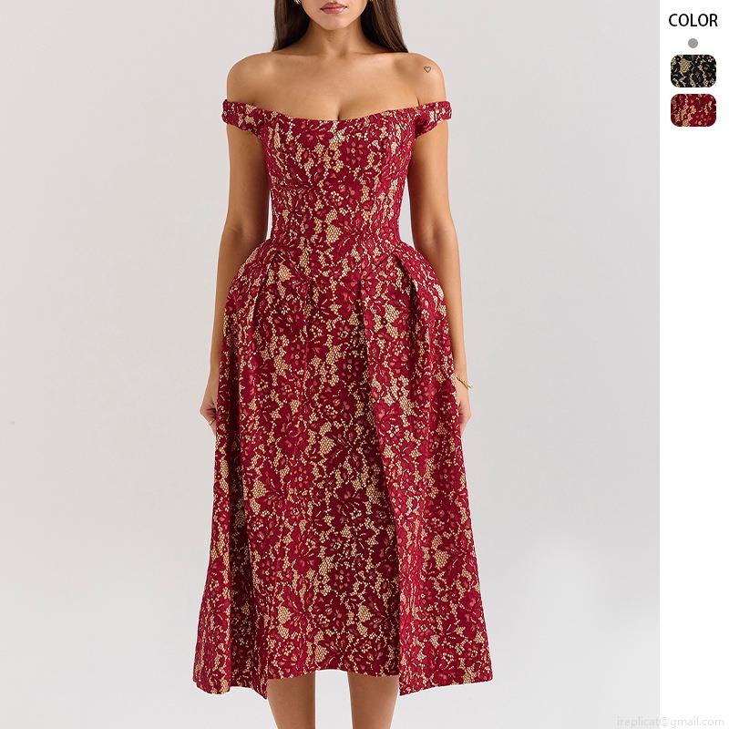 Women Elegant Floral Lace Off-the-Shoulder Midi Dress Backless Slim Fit High Waist A-Line Party Cocktail Dress For Wedding Party Women Elegant Floral Lace Off-the-Shoulder Midi Dress Backless Slim Fit High Waist A-Line Party Cocktail Dress For Wedding Party