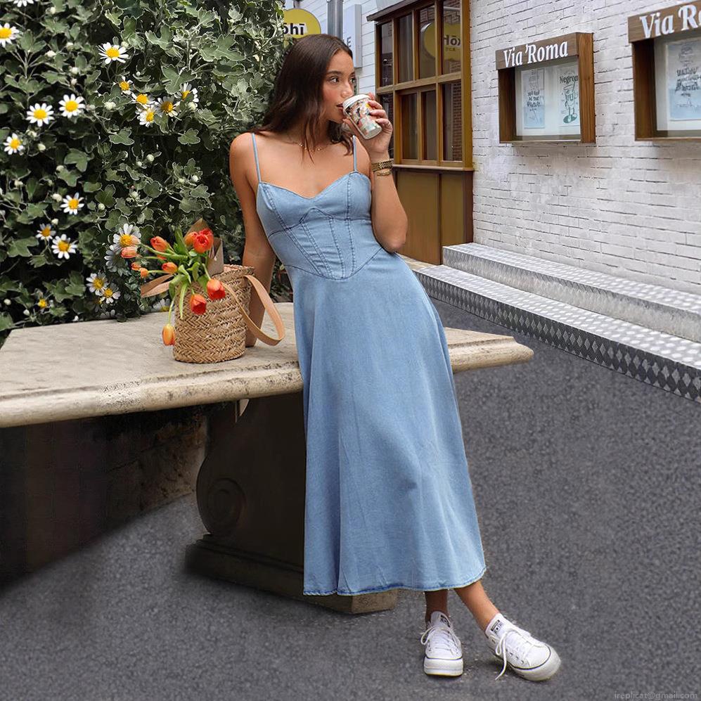 Women's Denim Cami Dress Sexy V Neck Corset Washed Light Blue Midi Dress High Waist Elastic Back Sleeveless A-Line Long Dress for Summer Vacation Party Women's Denim Cami Dress Sexy V Neck Corset Washed Light Blue Midi Dress High Waist Elastic Back Sleeveless A-Line Long Dress for Summer Vacation Party