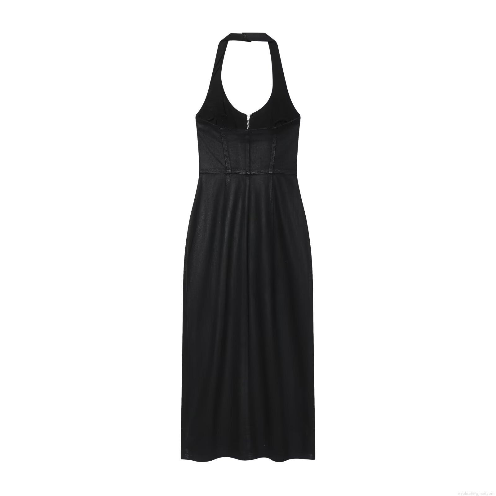 Women Sexy Black Halterneck Slim Fit Midi Dress Backless Zip Front Sleeveless Stretch Bodycon Midi Long Dress For Party Night Clubwear Evening