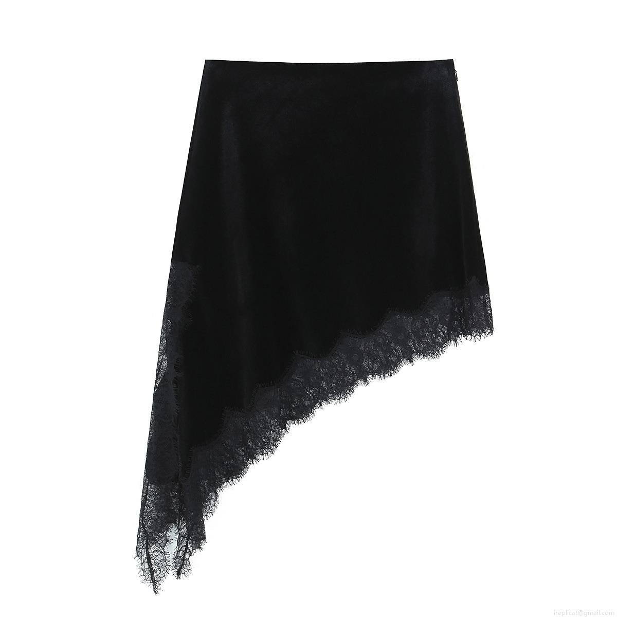 Women's Sexy Asymmetric Velvet Skirt With Lace Patchwork Mid-Length High Waist Elegant Black Skirt For Party Dating Winter Fashion Women's Sexy Asymmetric Velvet Skirt With Lace Patchwork Mid-Length High Waist Elegant Black Skirt For Party Dating Winter Fashion