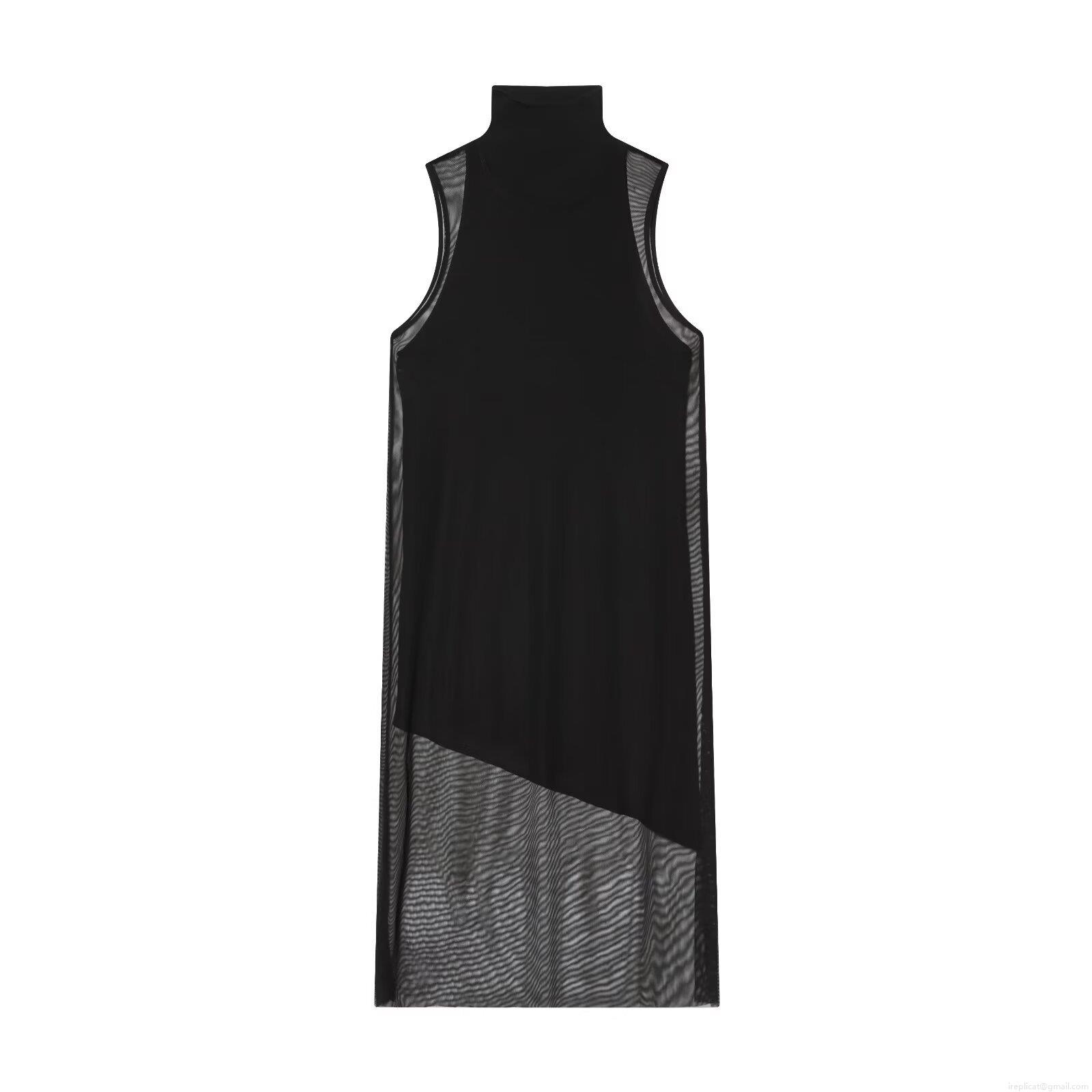 Women Elegant Sleeveless High Neck Midi Dress Mesh Splicing Asymmetric Hem Solid Black Slim Fit Elastic Dress For Evening Party Banquet Ladies Chic Clothing Women Elegant Sleeveless High Neck Midi Dress Mesh Splicing Asymmetric Hem Solid Black Slim Fit Elastic Dress For Evening Party Banquet Ladies Chic Clothing