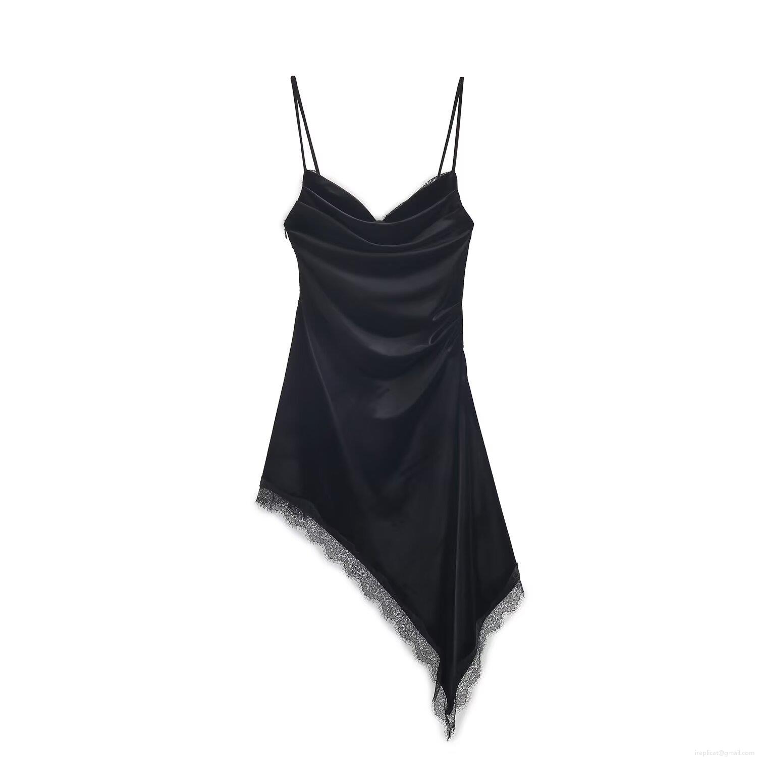 Women's Sexy Black Velvet Camisole Dress With Lace Trim Asymmetric Hem V-Neck Slim Fit Midi Party Dress For Lady Women's Sexy Black Velvet Camisole Dress With Lace Trim Asymmetric Hem V-Neck Slim Fit Midi Party Dress For Lady