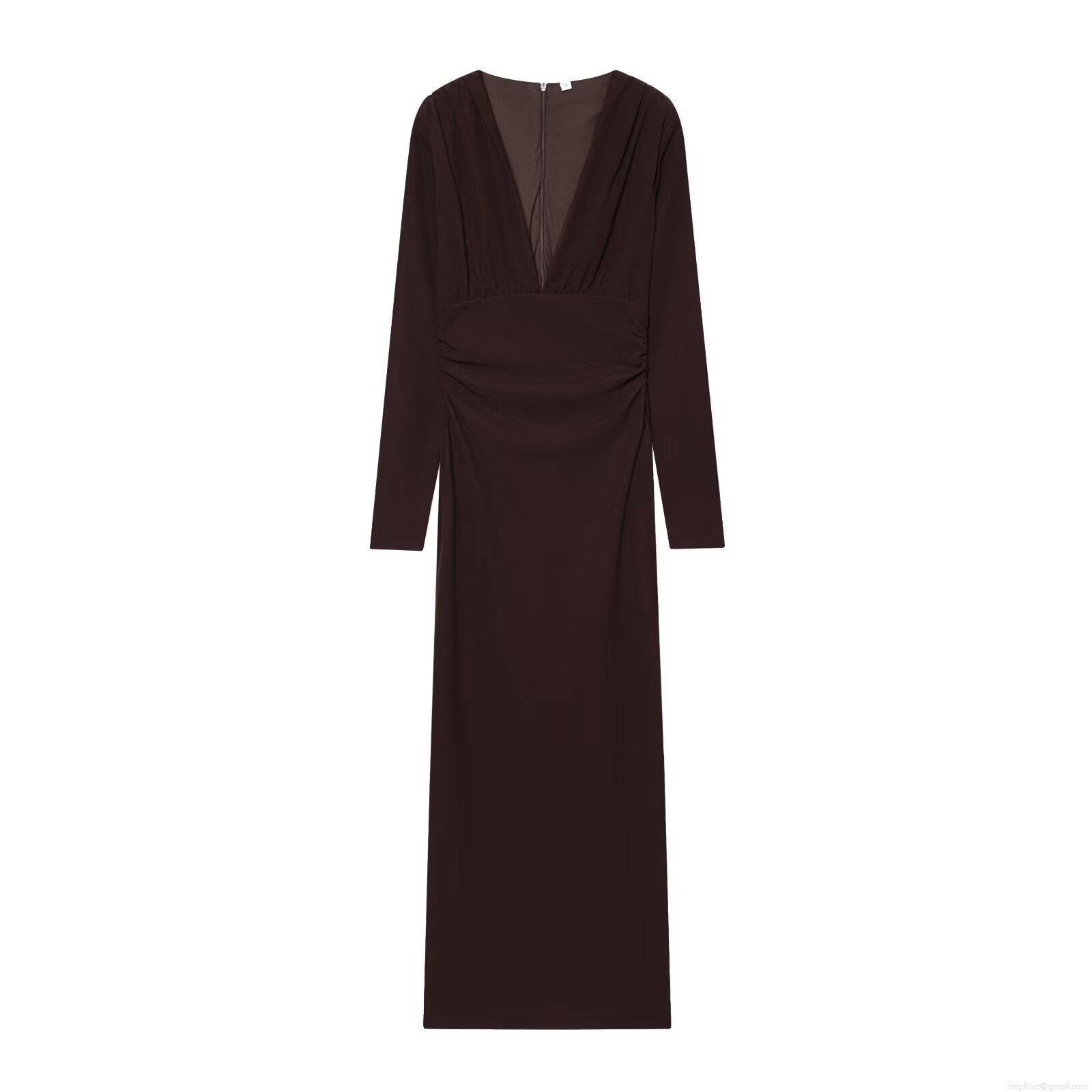 Women's Elegant Deep V-neck Midi Dress Ruched Waist Slim Fit Long Sleeve Solid Color Polyester Crepe Dress For Evening Party Club Lady Women's Elegant Deep V-neck Midi Dress Ruched Waist Slim Fit Long Sleeve Solid Color Polyester Crepe Dress For Evening Party Club Lady