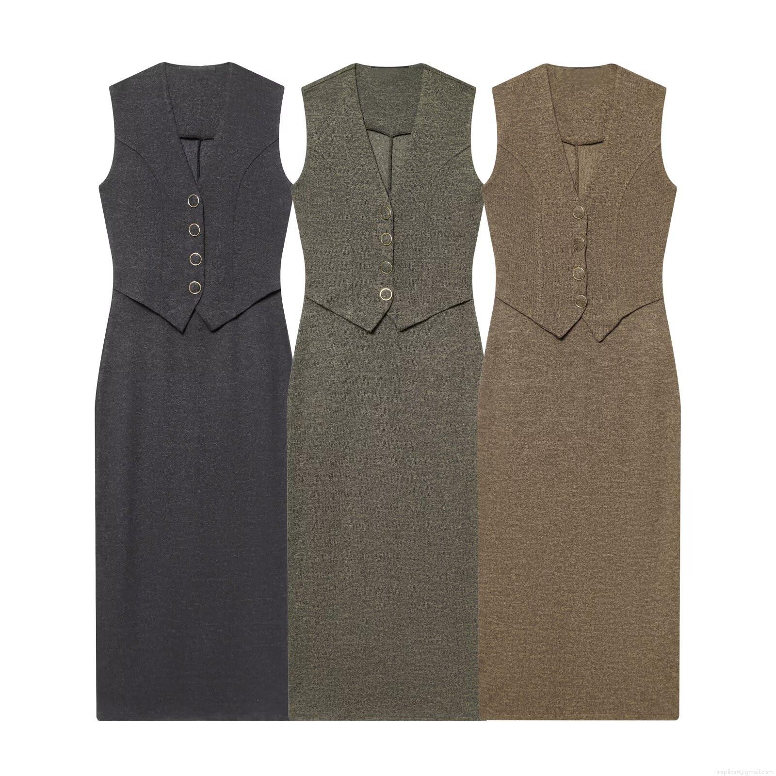 Women Fashion V-Neck Sleeveless Midi Dress Button Decorated A-Line Knitted Texture Slim Fit Vest Dress For Casual Daily Office Ladies Solid Color Style Women Fashion V-Neck Sleeveless Midi Dress Button Decorated A-Line Knitted Texture Slim Fit Vest Dress For Casual Daily Office Ladies Solid Color Style