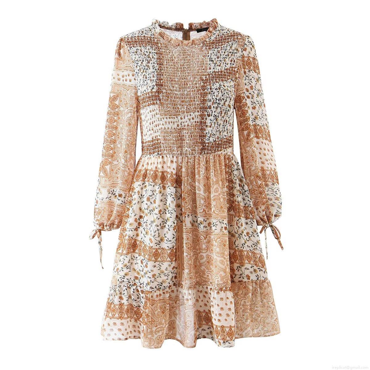 Women Bohemian Floral Paisley Printed Long Sleeve Dress Elegant Ruffle Stand Collar Smocked Waist Tiered Hem Chiffon Patchwork Midi Dresses For Daily Vacation Women Bohemian Floral Paisley Printed Long Sleeve Dress Elegant Ruffle Stand Collar Smocked Waist Tiered Hem Chiffon Patchwork Midi Dresses For Daily Vacation
