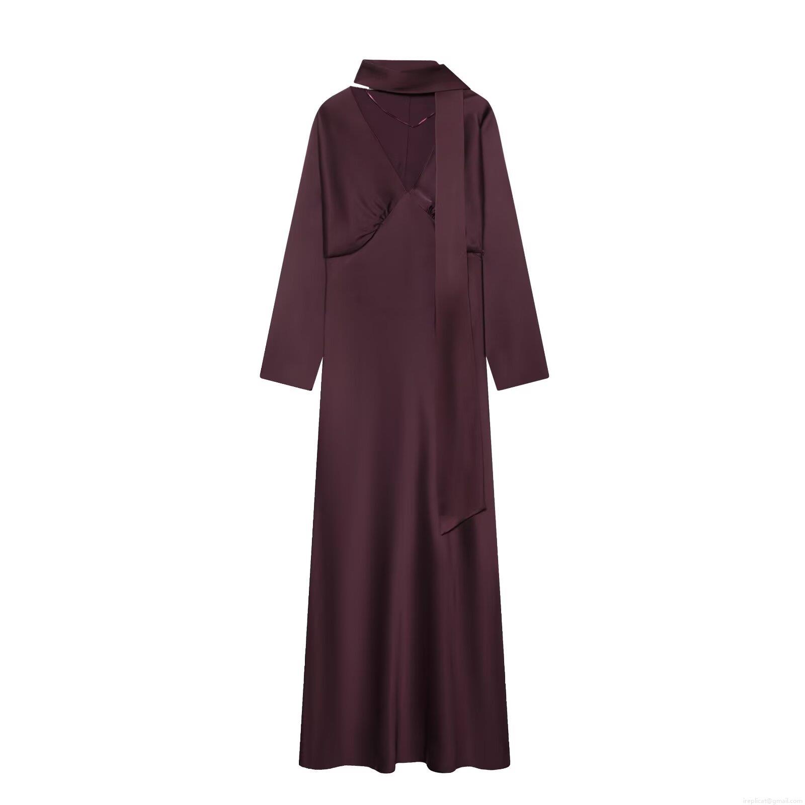 Women's Elegant Satin Silk-Like Midi Dress With Scarf Tie V-Neck Long Sleeve Slim Fit A-Line Solid Color Evening Party Gown Lady Dresses Women's Elegant Satin Silk-Like Midi Dress With Scarf Tie V-Neck Long Sleeve Slim Fit A-Line Solid Color Evening Party Gown Lady Dresses