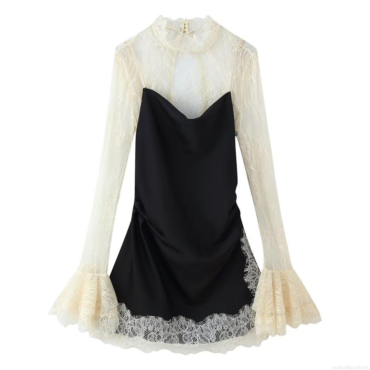 Sexy Backless Lace Patchwork Flare Sleeve Dress For Women Elegant Slim Fit Satin Midi Dress With High Neck And Eyelash Lace Trim Party Clubwear Sexy Backless Lace Patchwork Flare Sleeve Dress For Women Elegant Slim Fit Satin Midi Dress With High Neck And Eyelash Lace Trim Party Clubwear