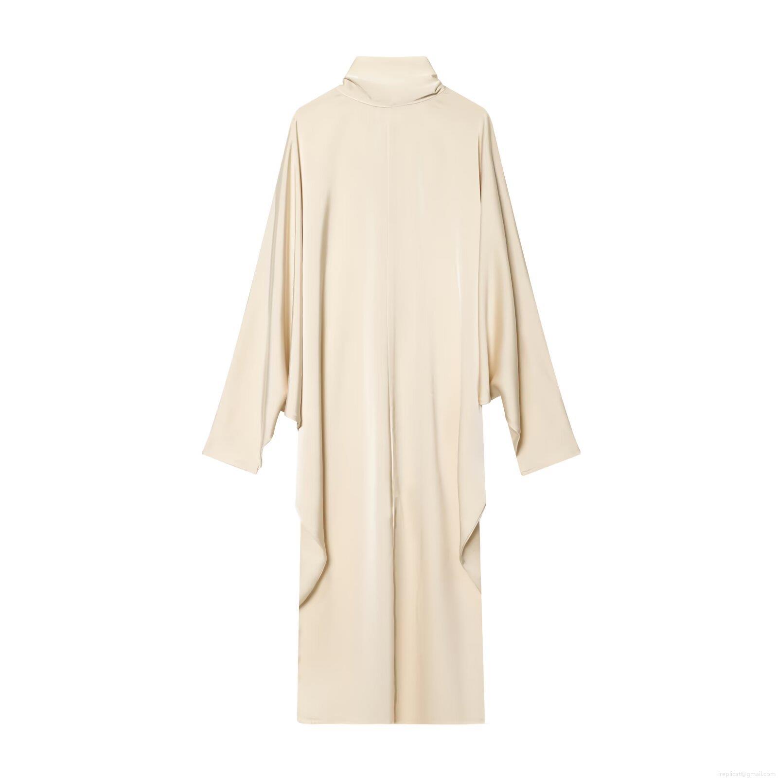 Elegant Champagne Satin Midi Dress High Neck Tie Back Long Sleeve Batwing Sleeve Loose A-Line Dress For Women Party Casual Evening Formal Wear