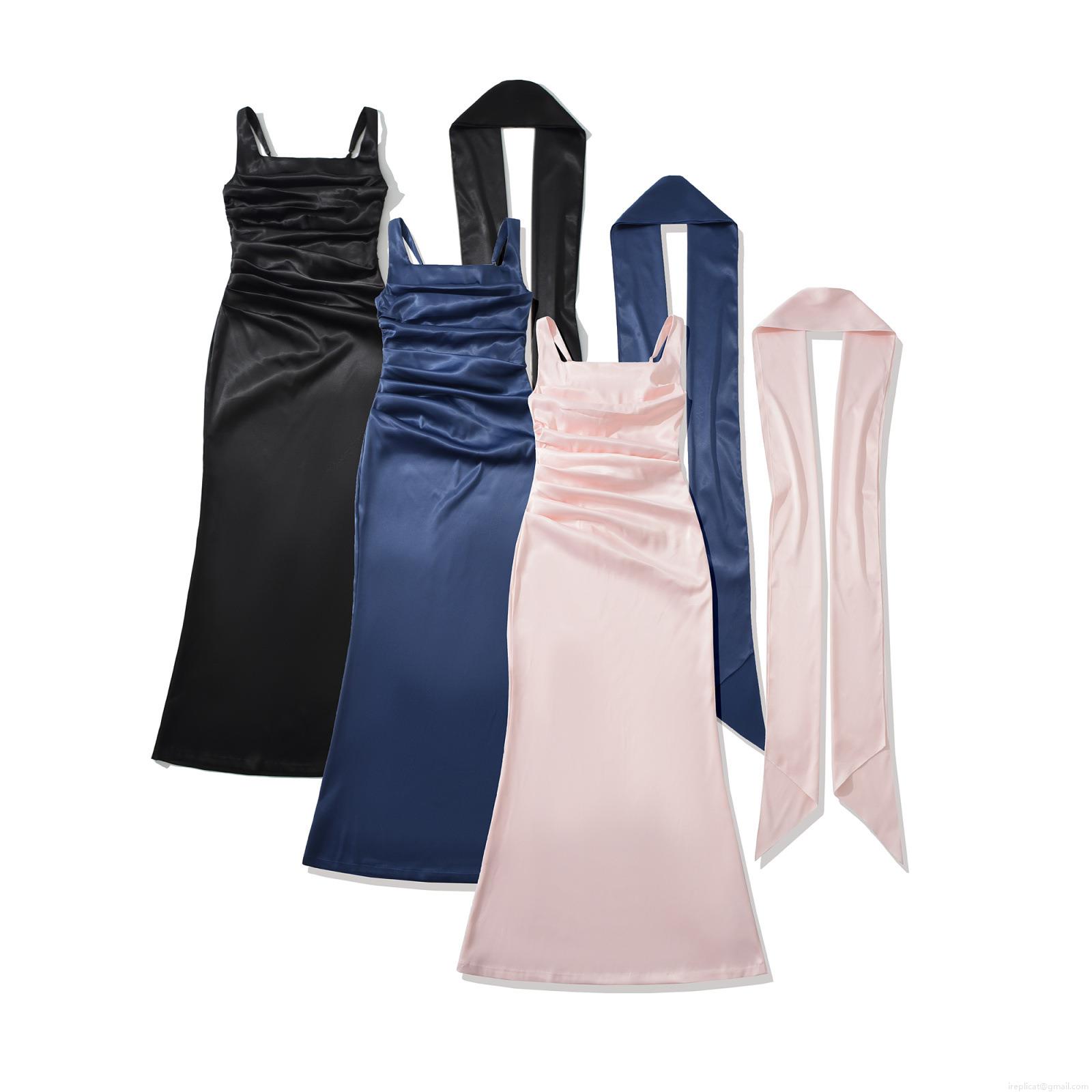 Elegant Ruched Satin Slip Dress With Matching Long Scarf Two Piece Set Sexy Backless Fishbone Bodycon Midi Dress For Women Evening Party Clubwear Elegant Ruched Satin Slip Dress With Matching Long Scarf Two Piece Set Sexy Backless Fishbone Bodycon Midi Dress For Women Evening Party Clubwear