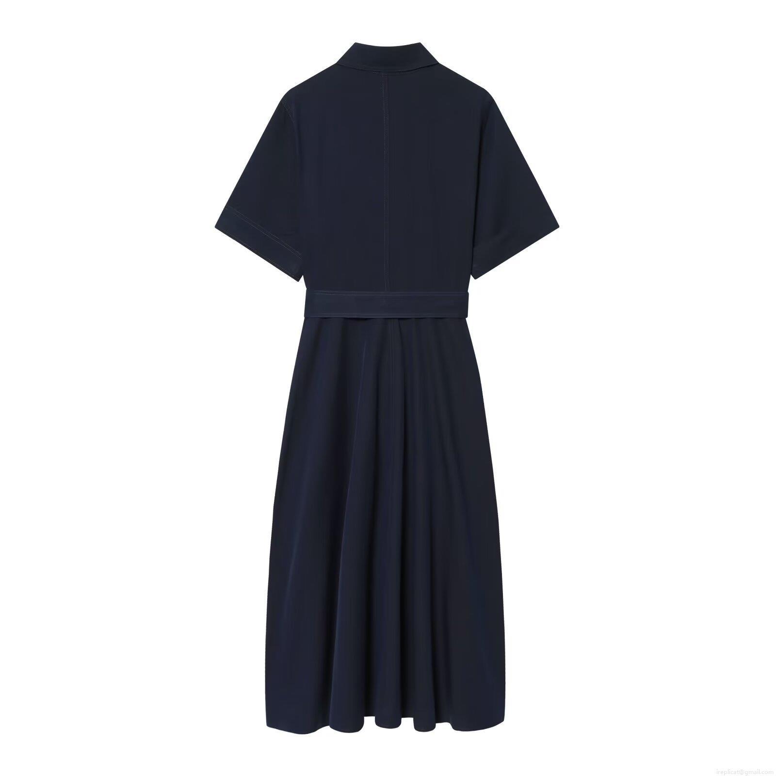 Women's Navy Blue Short Sleeve Shirt Dress With Gold Buttons And Belt Elegant Casual A-Line Midi Dress For Office Daily Wear Women's Navy Blue Short Sleeve Shirt Dress With Gold Buttons And Belt Elegant Casual A-Line Midi Dress For Office Daily Wear