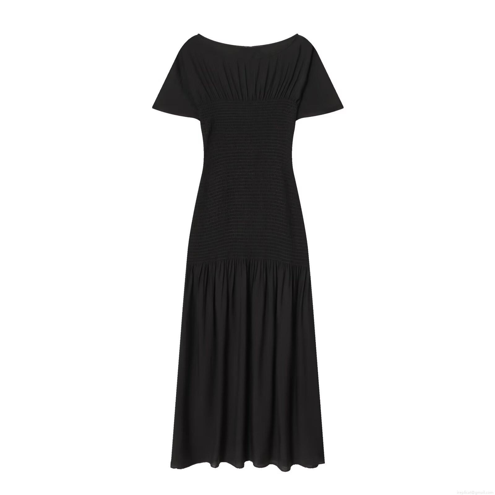 Elegant Women Smocked Midi Dress Polyester Blend Puff Sleeve Crew Neck Shirred Waist Retro Solid Black Casual Party Long Dress Elegant Women Smocked Midi Dress Polyester Blend Puff Sleeve Crew Neck Shirred Waist Retro Solid Black Casual Party Long Dress
