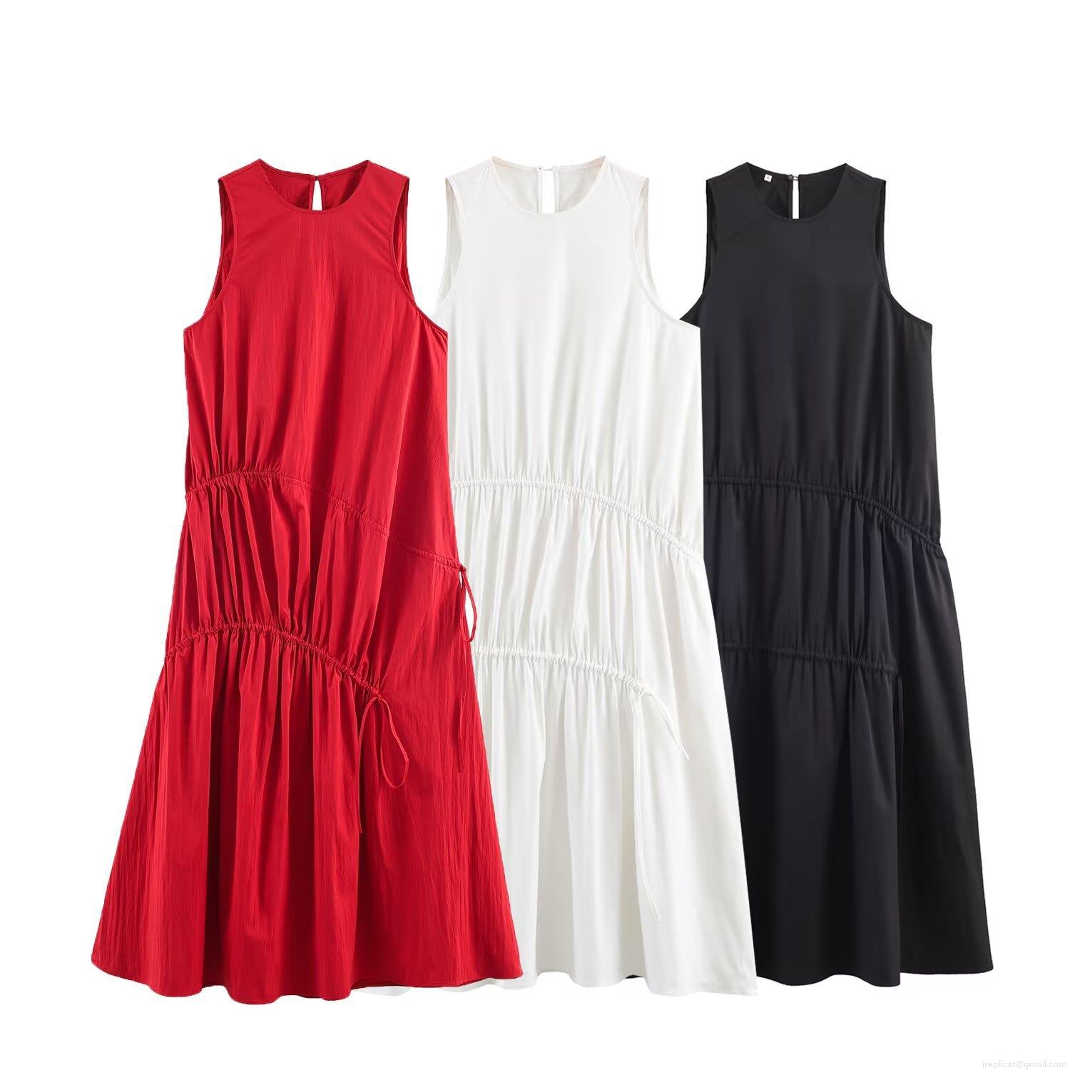 Women's Sleeveless Midi Dress Asymmetrical Side Drawstring Pleated Round Neck Polyester Spandex Blend Casual Sweet Style Solid Color Dress for Daily Party Dating Women's Sleeveless Midi Dress Asymmetrical Side Drawstring Pleated Round Neck Polyester Spandex Blend Casual Sweet Style Solid Color Dress for Daily Party Dating